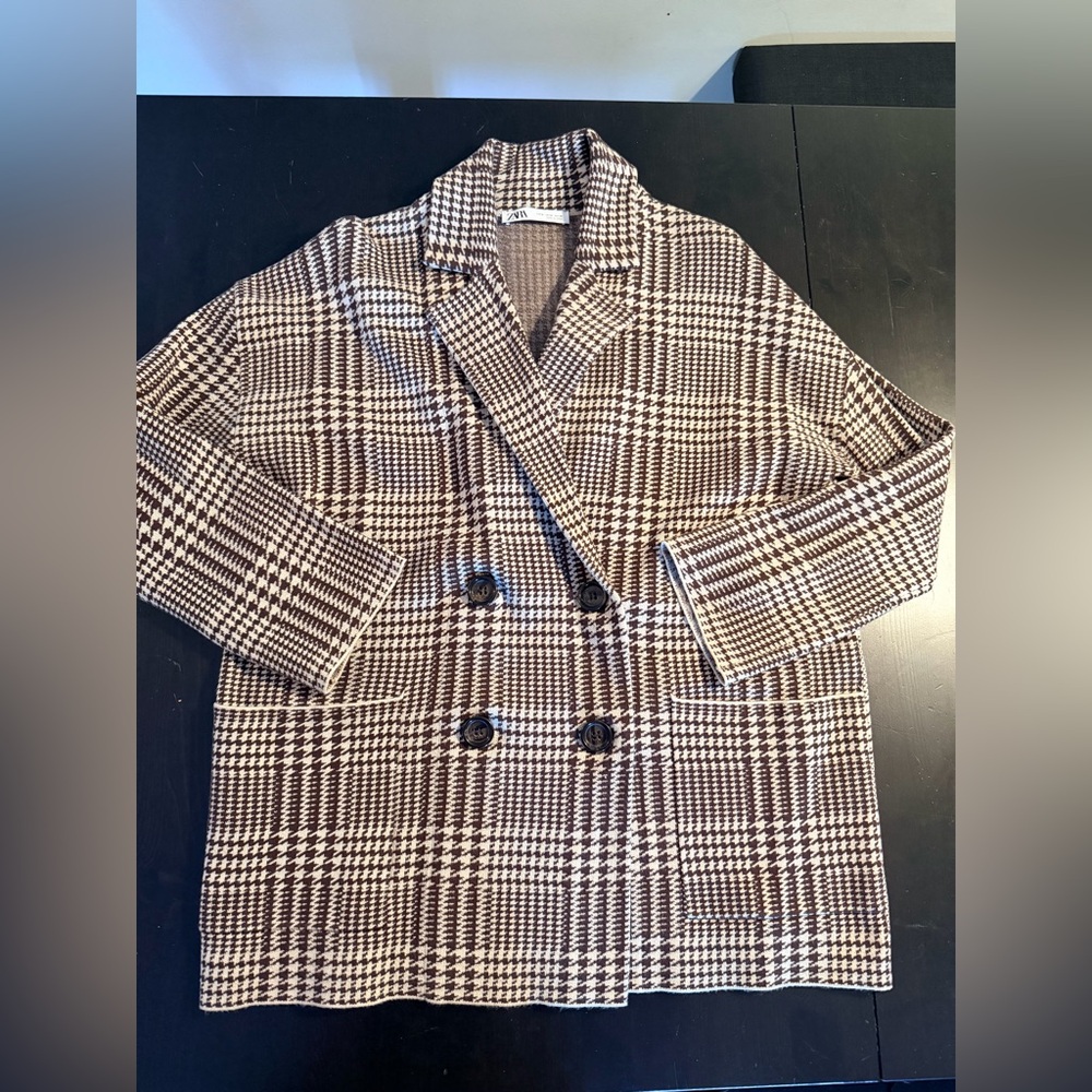 Zara Knitted Houndstooth Double-Breasted Women's Coat Medium